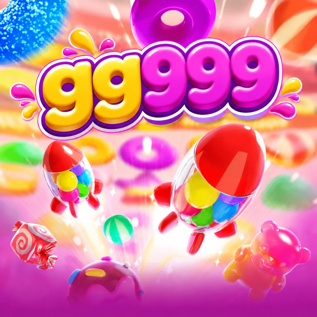 Logo gg999 dengan latar permen warna-warni dan roket permen manis pada tema Candy Burst