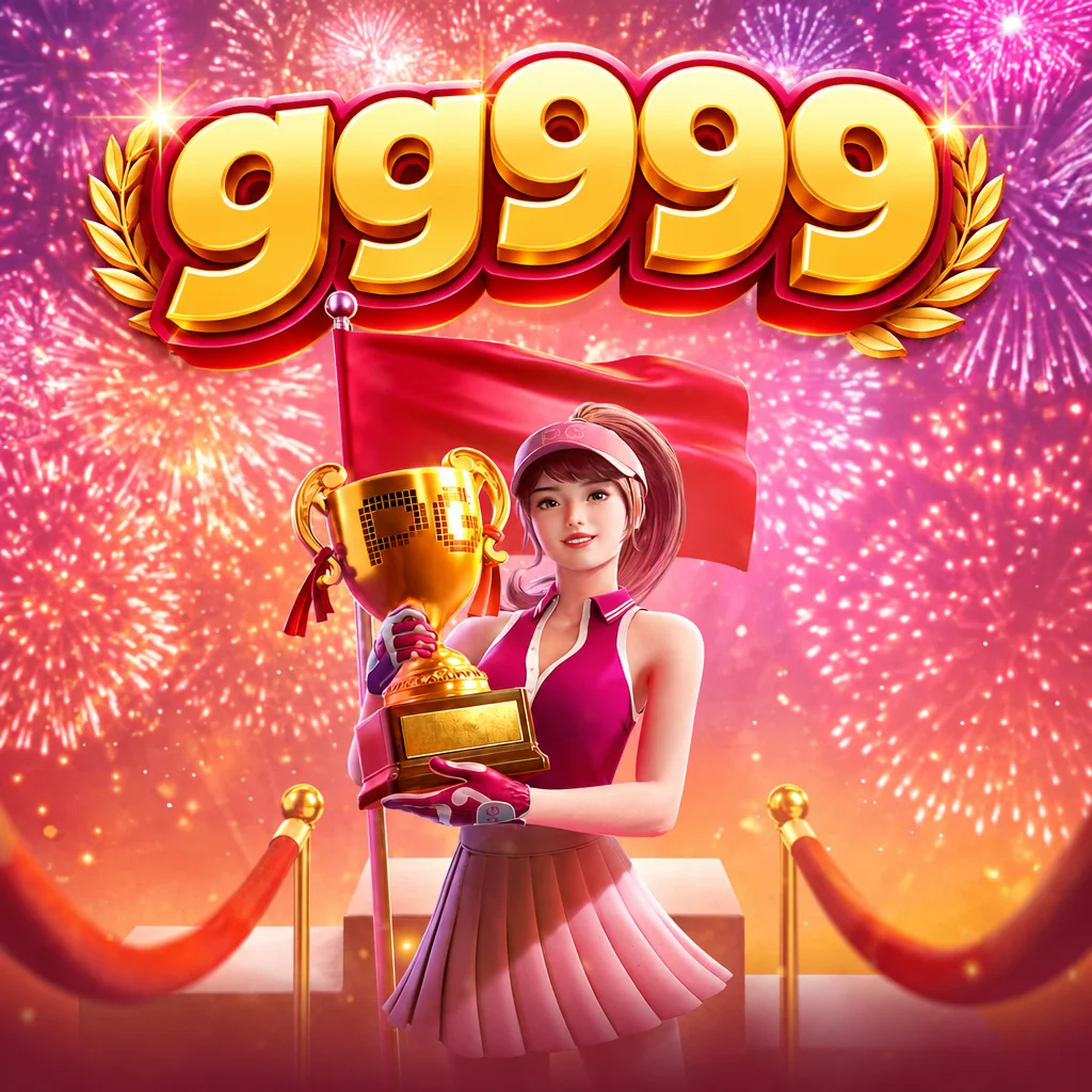 Logo gg999 di atas karakter atlet golf wanita yang memegang piala emas dengan latar kembang api pada tema Spr Golf Drive